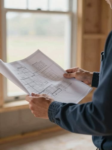 Close-up of working hands holding a blueprint on a Woodbridge construction site, soft natural window light, muted navy and slate tones