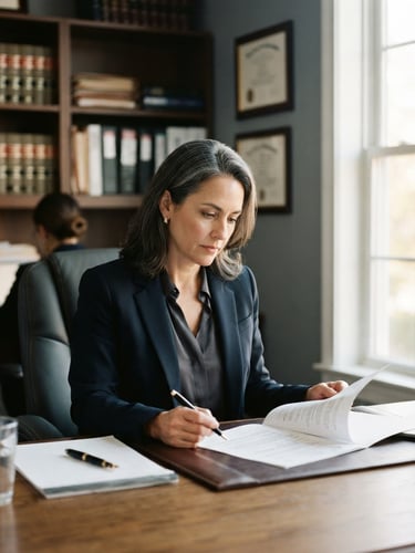 A professional attorney in a Woodbridge office setting, soft natural window light, muted navy and slate tones, shallow depth of field, 35mm