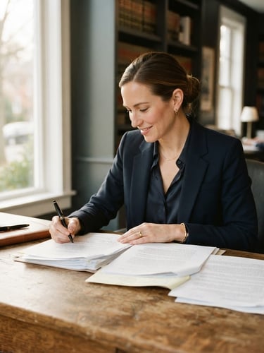 A professional attorney in a Woodbridge office setting, sitting at a wooden desk with legal briefs, soft window light, warm slate tones, shallow depth of field, 35mm
