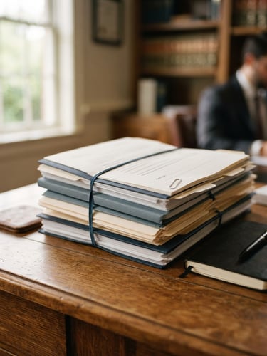 A professional close-up of legal briefs and a warm wooden desk in a Woodbridge office, soft natural window light, muted navy and slate tones, shallow depth of field