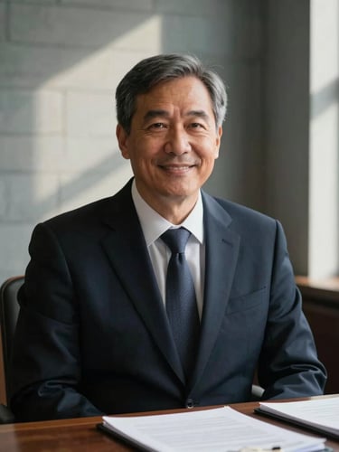 Medium close-up portrait of a professional attorney in a Woodbridge office, warm natural window light illuminating slate-colored walls, legal briefs resting on a dark wood desk, shallow depth of field.