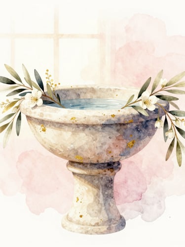 Watercolor painting of a minimalist stone baptismal font adorned with delicate olive branches and tiny white flowers, soft golden light filtering through a window, elegant editorial style