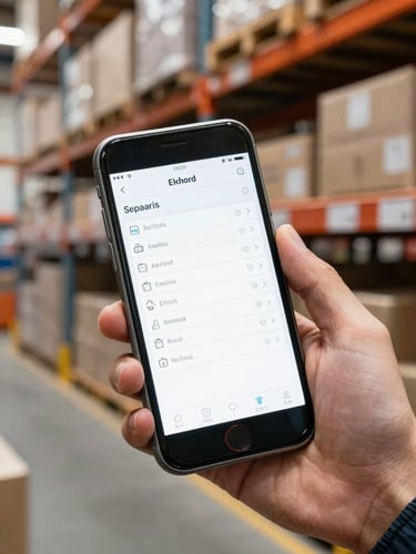A close-up of a mobile screen displaying a clean, high-contrast inventory dashboard held by a warehouse worker in a brightly lit, organized regional distribution center, with boxes on shelves in the soft-focus background.
