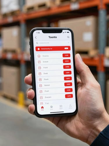 A close-up of a warehouse operator's hand holding a mobile device displaying a clean inventory dashboard with bold red stock alerts, active warehouse racks in the blurred background.