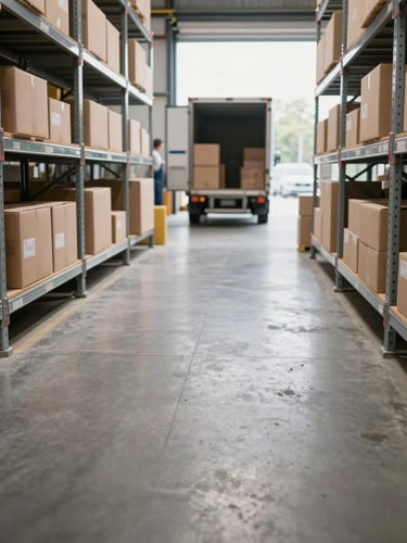 A localized warehouse floor in bright daylight, showing neatly organized boxes on silver metal shelves and a delivery vehicle being loaded in the background