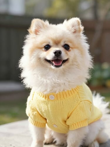 A happy fluffy Pomeranian wearing a vibrant custom-made yellow knit sweater, sitting in bright natural daylight, cheerful outdoor garden setting, candid 35mm style, shallow depth of field.