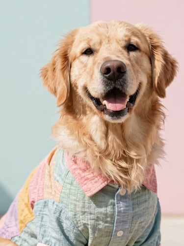 Bright natural pet photography of a happy Golden Retriever wearing a custom colorful linen shirt, cheerful daylight, soft pastel background, candid 35mm style.