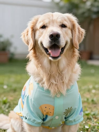 Bright natural pet photography, a happy golden retriever wearing a colorful custom summer shirt, sunny backyard setting, candid eye-level shot
