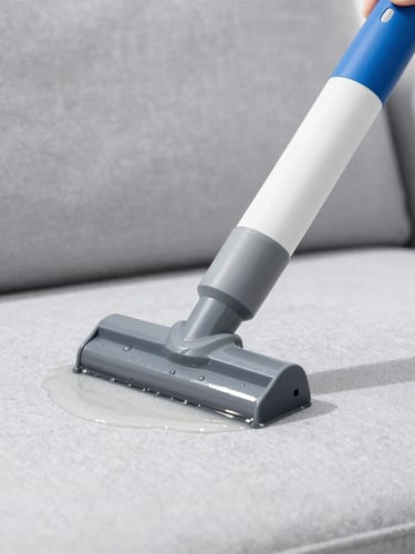 Close-up of a professional extraction nozzle vacuuming dirty water from a light grey fabric sofa, high-key natural daylight, water droplets visible, clinical cleanliness