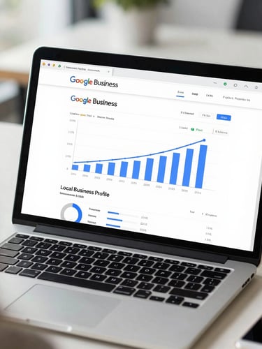 Over-the-shoulder shot of a modern laptop screen displaying a Google Business Profile dashboard showing high-growth local search analytics graphs, crisp corporate lighting