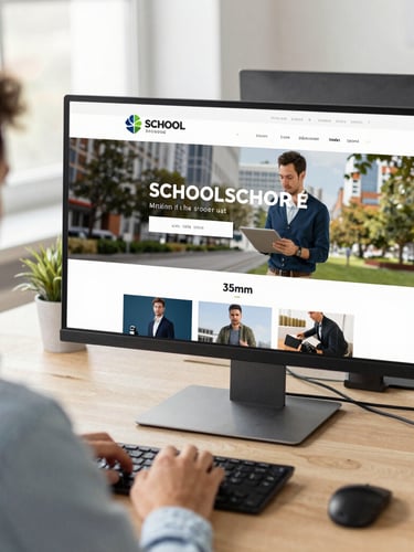 Over-the-shoulder shot of a developer styling a modern school website on a dual-monitor setup, crisp corporate photography, bright natural office light, sharp focus, 35mm lens