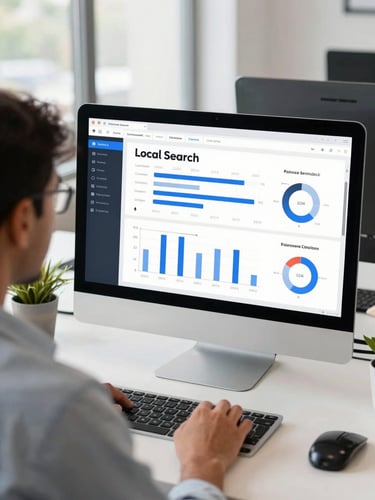 Over-the-shoulder shot of a digital marketer analyzing real-time local search analytics on a high-contrast dashboard in a bright Saharsa office, crisp corporate photography, 35mm lens.