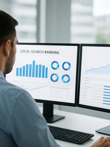 Over-the-shoulder shot of a digital marketer analyzing a local search ranking dashboard on a dual-monitor setup, crisp corporate office lighting, 35mm lens