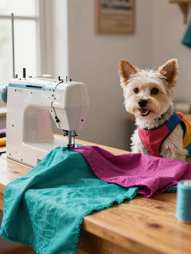 Bright natural light photography of a colorful pet tailoring workshop in Celaya, vibrant teal and magenta fabrics on a wooden table, sewing machine, warm daylight, 35mm