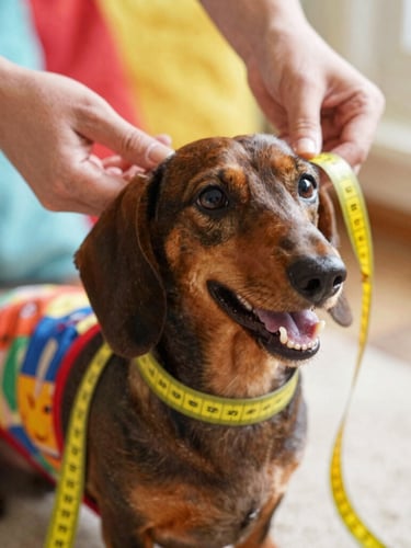 Close-up of hands carefully measuring a happy dachshund with a soft yellow tape measure, warm natural light, colorful fabrics in background, 35mm