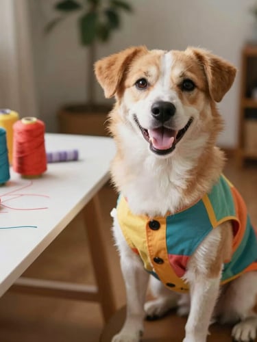 Candid eye-level shot of a happy dog wearing a colorful handmade shirt, sitting next to a tailoring table with colorful threads, warm home setting, soft focus, 35mm