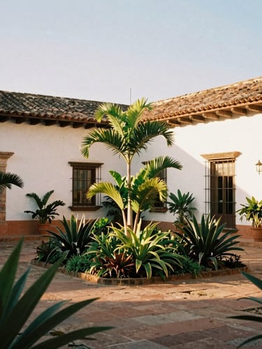 Wide environmental shot of a sun-dappled colonial courtyard in Mompox, whitewashed plaster walls, lush green botanical plants, warm golden-hour light, 35mm film style