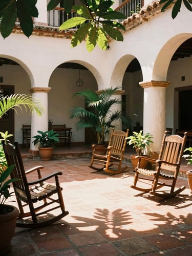 Medium environmental shot of a sun-dappled interior courtyard in Mompox, colonial arches, terracotta tiled floors, traditional wooden rocking chairs, lush green potted plants, warm golden-hour sunlight filtering through leaves, soft shadows, 35mm film style