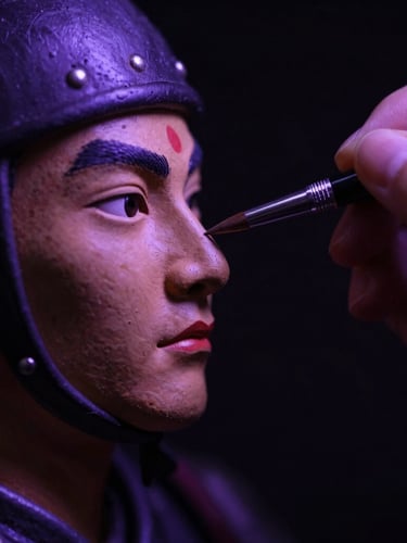 Extreme macro photography of a miniature warrior face being painted with a fine brush, dramatic lateral purple lighting, high contrast, dark background, 85mm