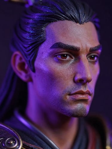 Extreme macro close-up of a hand-painted fantasy miniature warrior face, dramatic side lighting, neon purple rim light, dark moody background, 85mm