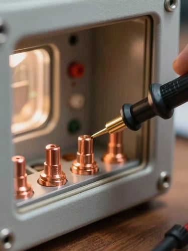 Macro close-up of a digital multimeter testing a copper terminal inside a clean furnace control panel, sharp focus on the probe tip, warm ambient utility light.