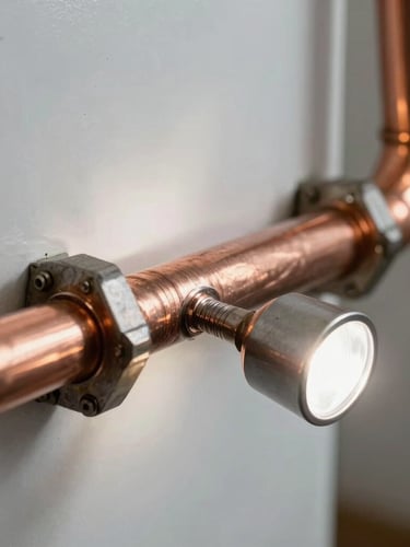 Tight macro shot of clean copper pipe soldering on a residential furnace, bright flashlight illumination casting sharp shadows, mechanical focus.