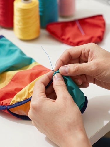 Close-up of hands carefully stitching a colorful pet garment in a bright workshop, vibrant fabrics and threads visible in the background, warm natural daylight