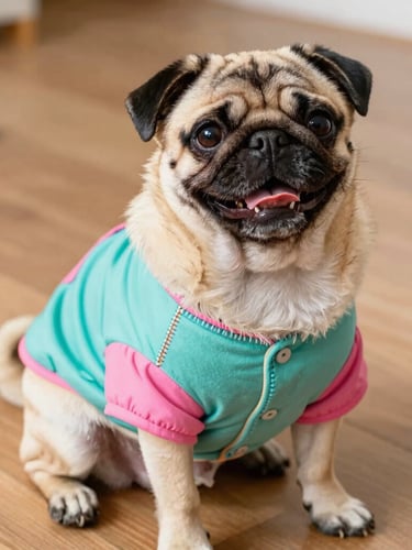 A joyful pug wearing a custom colorful teal and pink summer shirt, sitting happily on a wooden floor, bright natural daylight, eye-level angle, detailed handmade stitching visible