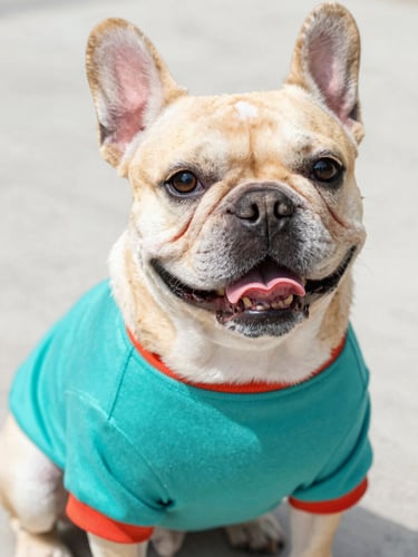 Close-up of a happy French Bulldog wearing a colorful handmade teal shirt, bright natural daylight, eye-level angle
