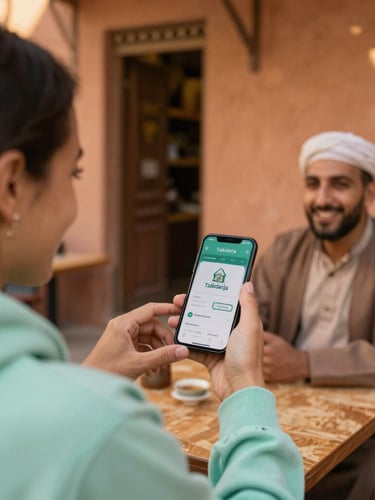 Over-the-shoulder shot of a traveler showing the Talkdarija app on a smartphone to a smiling local shopkeeper in a warm terracotta-walled Moroccan cafe, soft golden light.
