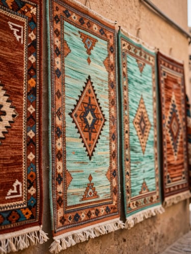 Close-up of hand-woven Moroccan carpets with intricate geometric patterns, hanging in a sunlit alleyway of the Fez medina, warm earthy tones.