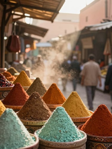 Wide angle shot of a bustling market in Marrakech, spices piled high in colorful cones, sunbeams filtering through wooden slats, warm dust in the air.