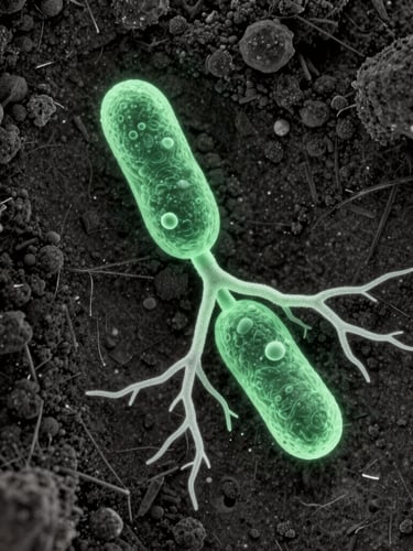 High-resolution laboratory assay showing fluorescent green bacteria actively colonizing a root system against a deep charcoal soil matrix, microscopic depth of field.