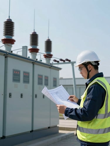 Wide-angle crisp daylight shot of an electrical engineer in safety gear reviewing blueprints next to a medium-voltage substation, cool blue tones, technical precision
