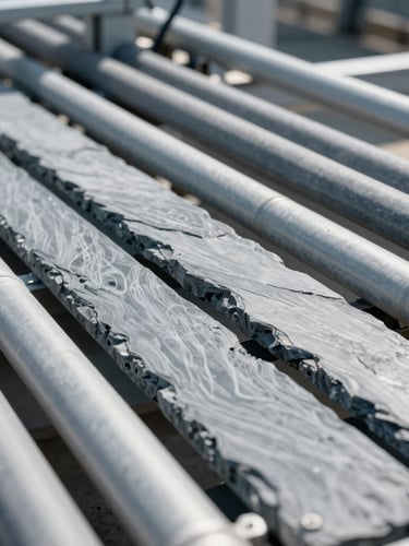 Crisp daylight shot of neatly organized cable trays and heavy electrical conduits in a modern industrial plant, sharp technical details, cool slate gray tones