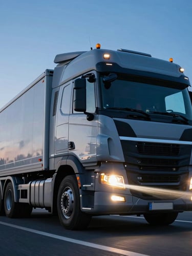 Dynamic low-angle shot of a modern heavy-duty truck on a German highway at twilight, cool blue tones with sharp yellow headlight trails, clean metallic surfaces, expansive sky.