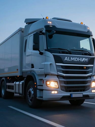Dynamic low-angle shot of a modern heavy-duty Almadhlom truck driving on a European highway at twilight, cool blue tones with bright yellow headlight streaks, motion blur, clean technical framing.