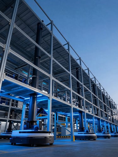 Dynamic low-angle shot of a modern automated warehouse interior at twilight, cool blue LED lighting on geometric steel racking, automated guided vehicles visible, wide perspective.