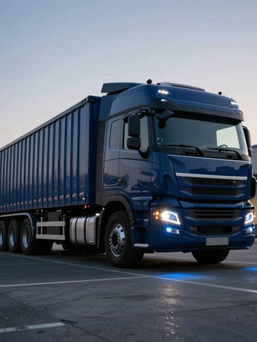 Low-angle wide shot of a modern dark-blue heavy transport truck parked at an automated distribution center terminal at dusk, cool blue LEDs casting sharp geometric light on the asphalt.