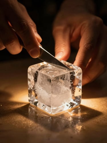 Macro close-up of hands carving a perfect cube of crystal clear ice with a knife under a warm amber spotlight, rich shadows, dark moody background, shallow depth of field