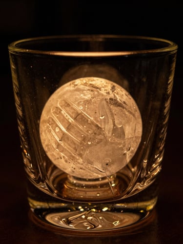 Low-key dark moody photography of a single hand-carved translucent ice sphere inside a crystal rocks glass, warm amber backlight, deep rich shadows, 35mm