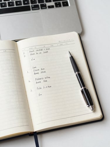 Overhead close-up of an organized desk: open notebook with structured columns and handwritten process steps, a laptop keyboard at the top edge, a pen resting precisely on the page, clean white surface under bright studio daylight — no clutter, no decoration