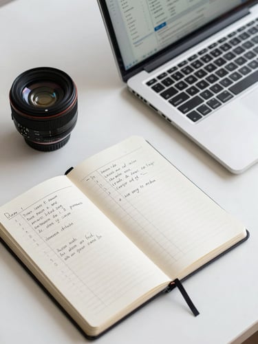 Overhead close-up of a structured planning desk — a notebook with handwritten process columns, a laptop screen showing a CRM dashboard, and a ruled index card with task rows, all arranged on a clean white surface under bright studio light