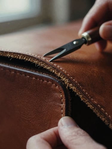 Macro close-up of thick vegetable-tanned leather edges showing the fibrous grain, hands of an artisan holding a cutting tool, soft warm side lighting, 35mm film grain.
