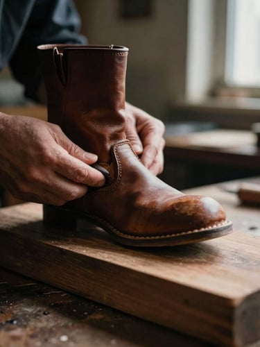 Macro close-up of artisan hands lasting a thick leather boot over a traditional wooden mold, low-key side-lighting from a workshop window, deep warm tobacco tones, 35mm film grain, shallow depth of field