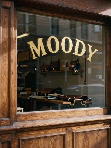 Moody heritage photography of a leather workshop storefront, warm single window light casting soft shadows on oak wood, vintage gold lettering on glass, 35mm film grain