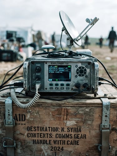 Macro shot of a rugged satellite tracking terminal on an aid crate, high-contrast digital glow, cool-toned color grading, sharp 35mm lens