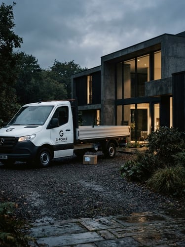 A clean white drop-side delivery van with minimalist black G-Force branding parked outside a modern architectural home, moody lighting, 35mm