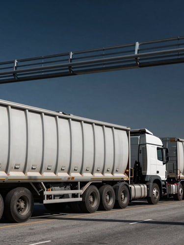 Heavy freight trucks aligned at a border crossing under cool-toned industrial daylight, sharp focus on cargo seals and heavy grid lines, deep navy sky.