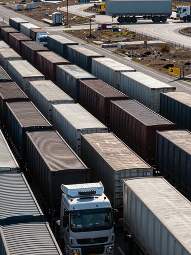 Wide panoramic shot of heavy freight trucks lined up at a Sino-Russian border crossing under cool daylight, high contrast, industrial scale, sharp focus on the transport infrastructure.